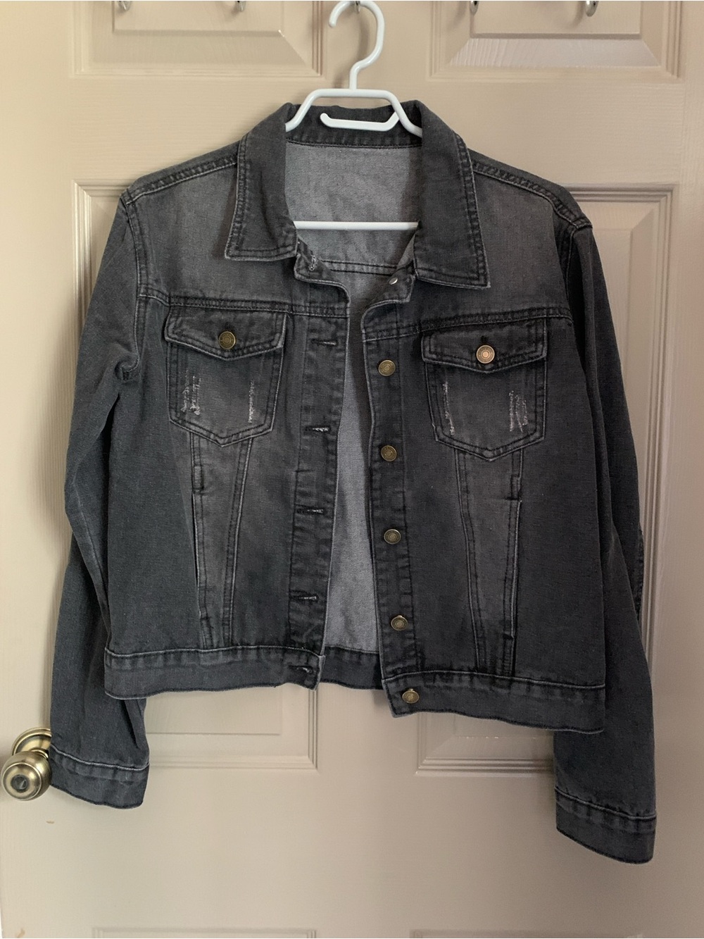 Stretch Denim Trucker Jacket Size M Charcoal Gray Distressed Gold Buttons Y2K
